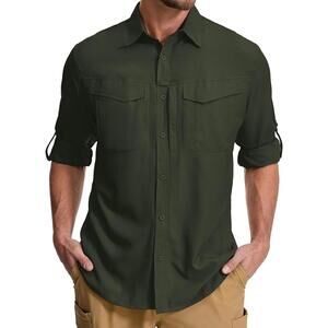 mixtiq Men's Casual Long Sleeve Button-Up Shirt‎ Vented UPF 40 - Olive Green M